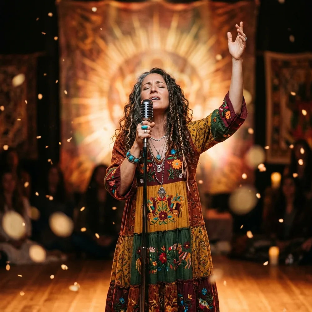 Zeyla Tomlyn performing live — golden light, raised arms, ceremonial atmosphere