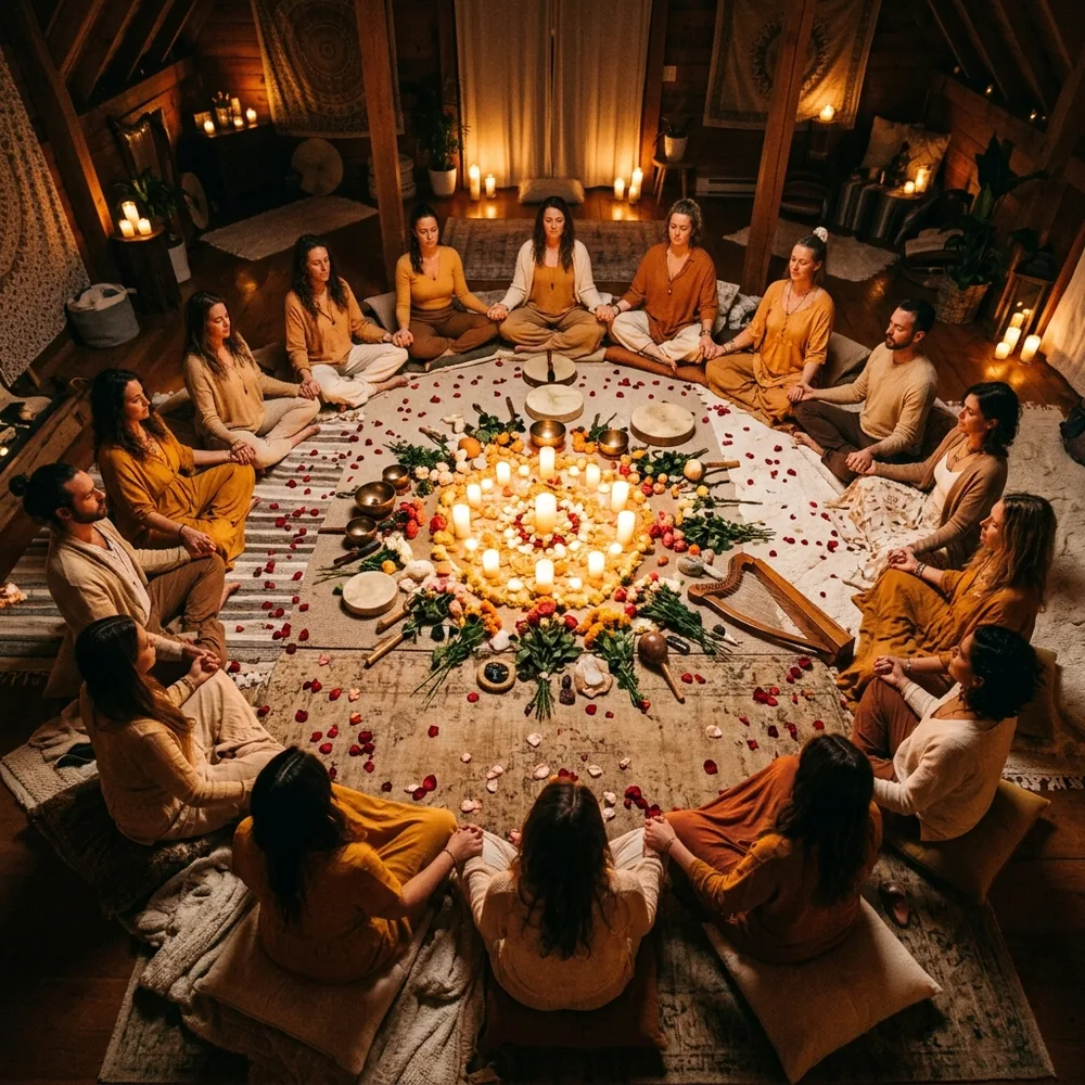 A sacred ceremony circle with candles, flowers, and warm golden light